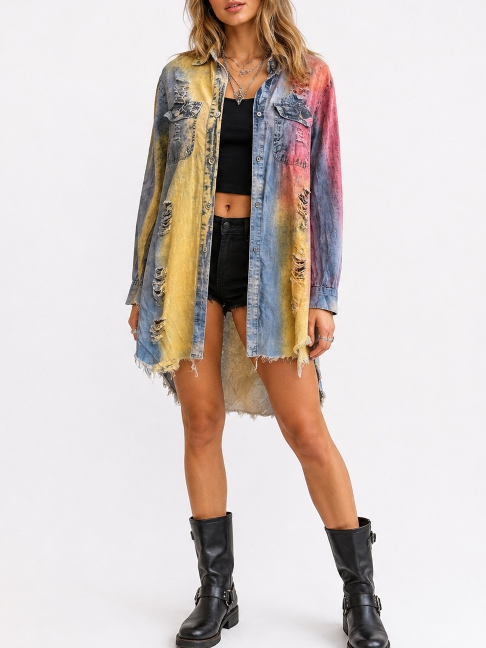 Thrill Jeans Distressed Rainbow Tie Dye Shredded High Low Tunic Shirt Top Medium